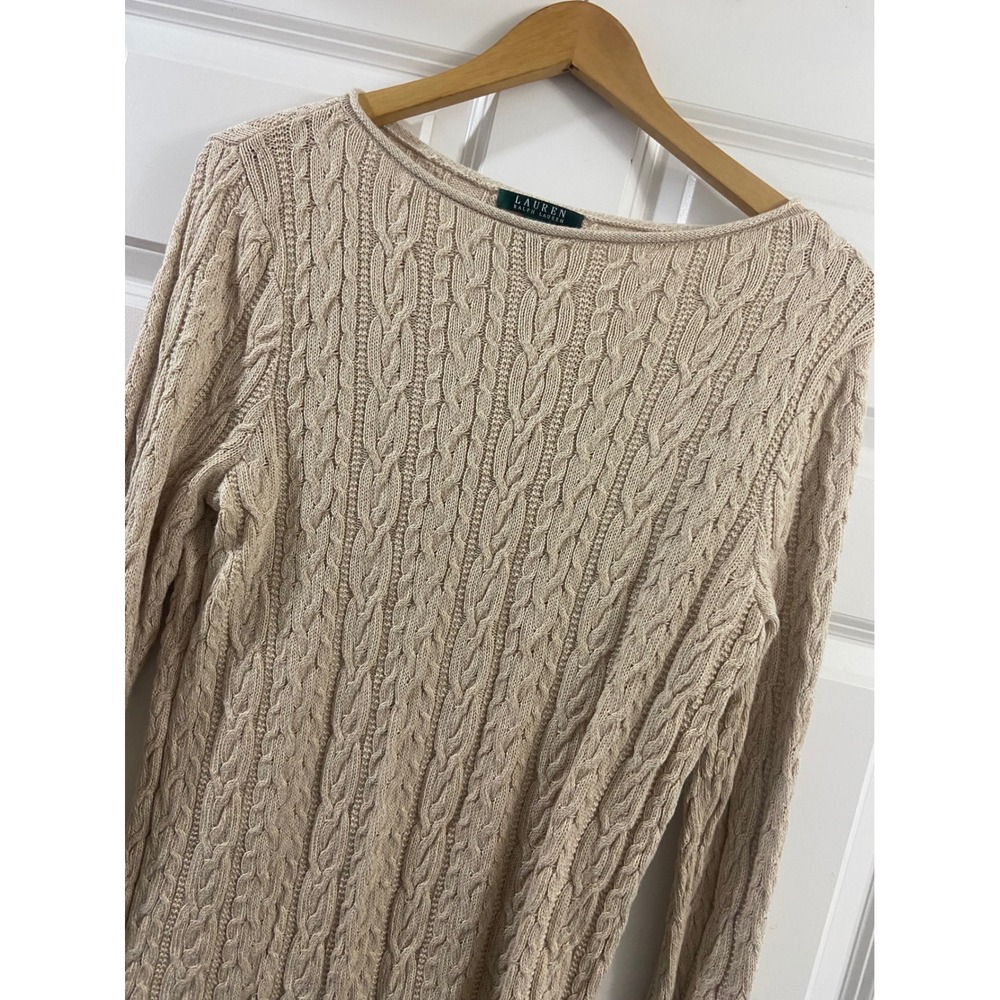 Lauren Ralph Lauren Beige Cable Knit Cotton Boat Neck Sweater XL Womens